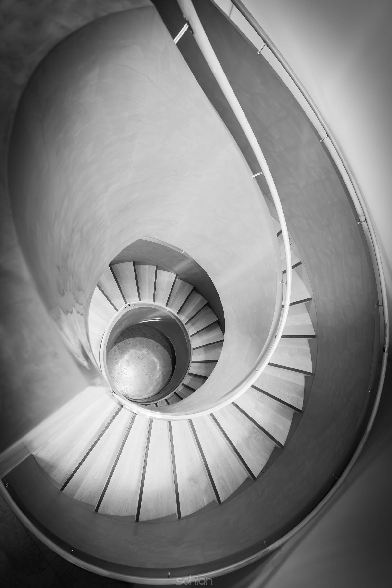 top view on spiral stair in black and white