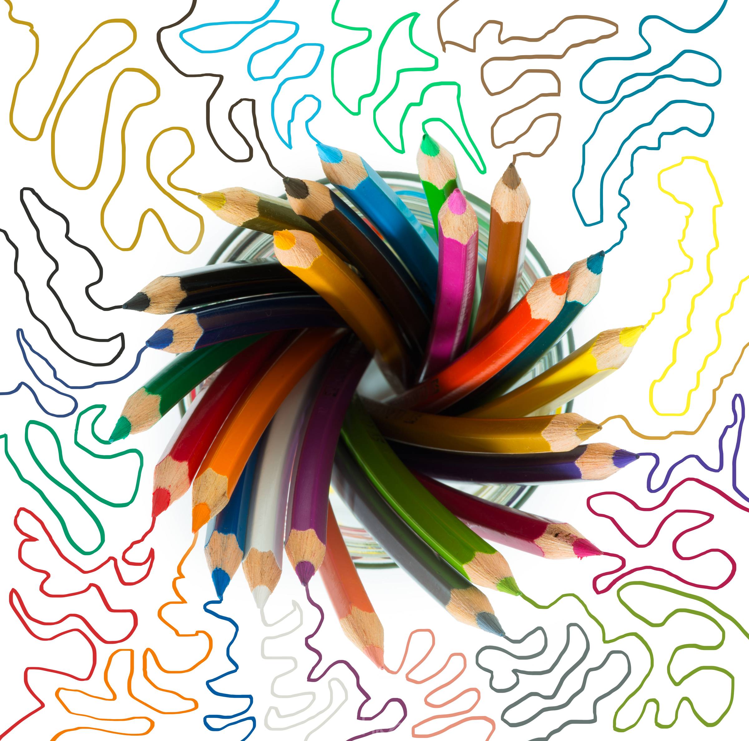 bunch of wooden color pencils in a glass with colored sketch lines