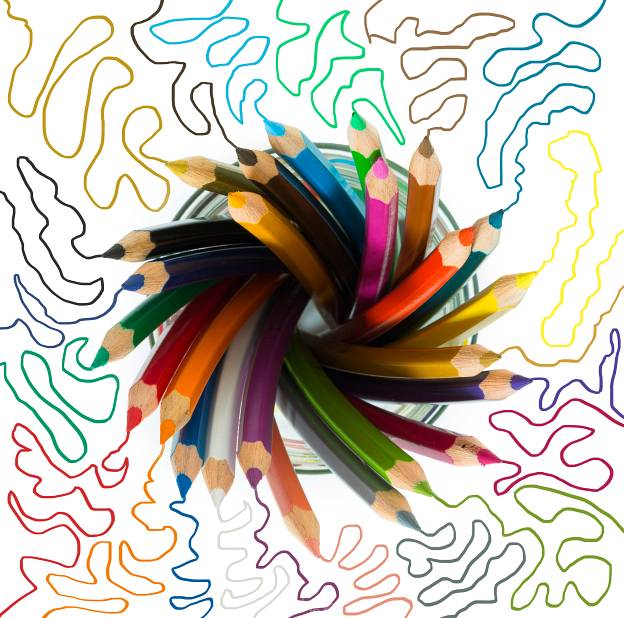 bunch of wooden color pencils in a glass with colored sketch lines